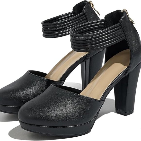 Closed Toe Heels Platform Heels Ankle Strap Dress Shoes for Women-BLK - Picture 2 of 4